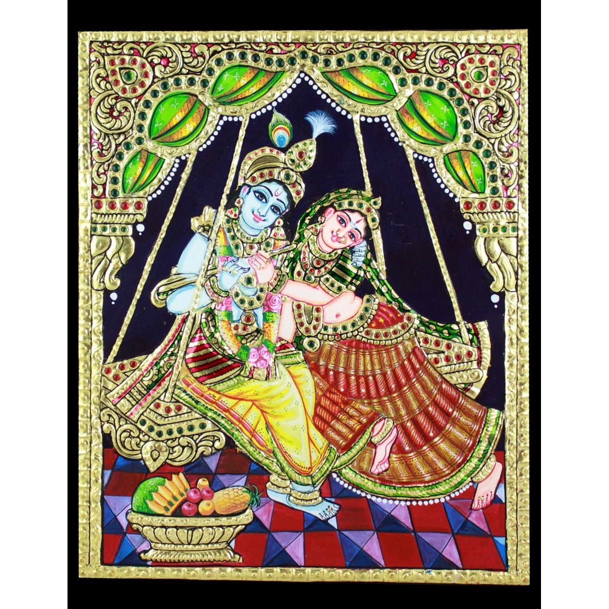 Tanjore Painting Radha Krishna In Jhula