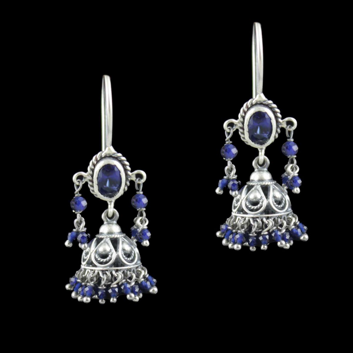 Oxidized Silver Hanging jhumka With Blue Sapphire Beads