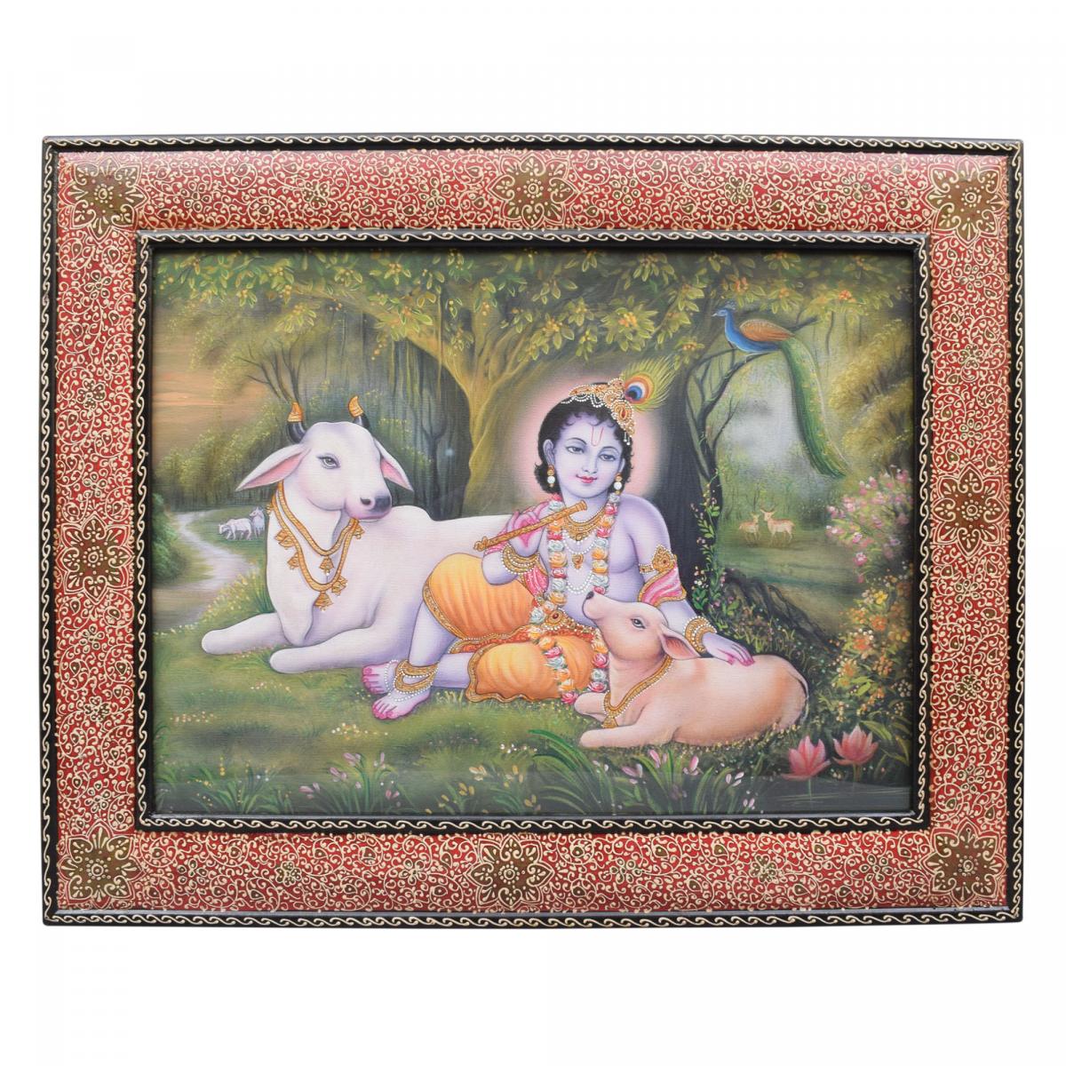 KRISHNA WITH COW CANVAS PAINTING WALL HANGING ...