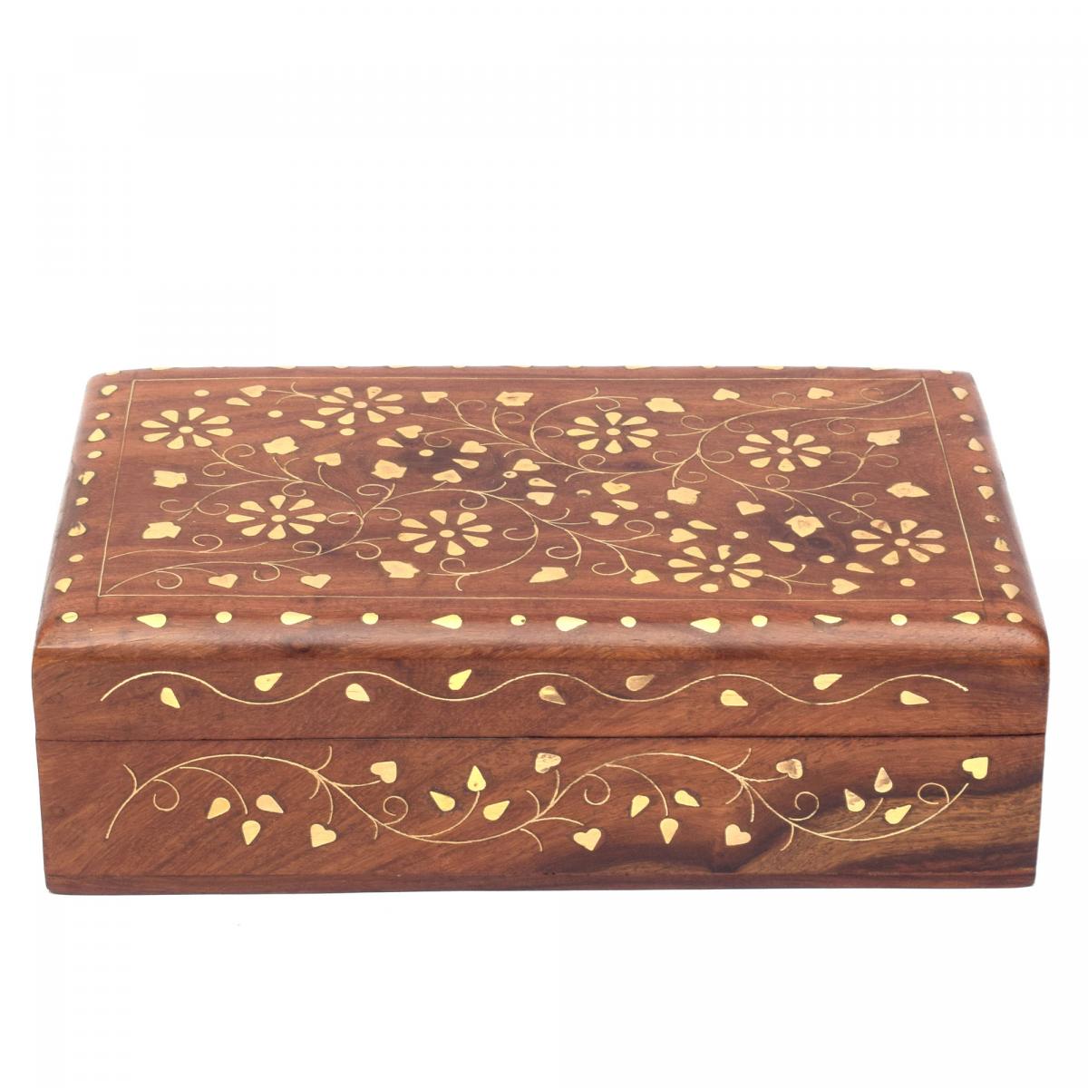 Sheesham Wood Brass Engraved Design Storage Organiser Jewellery Travel Safe Box 