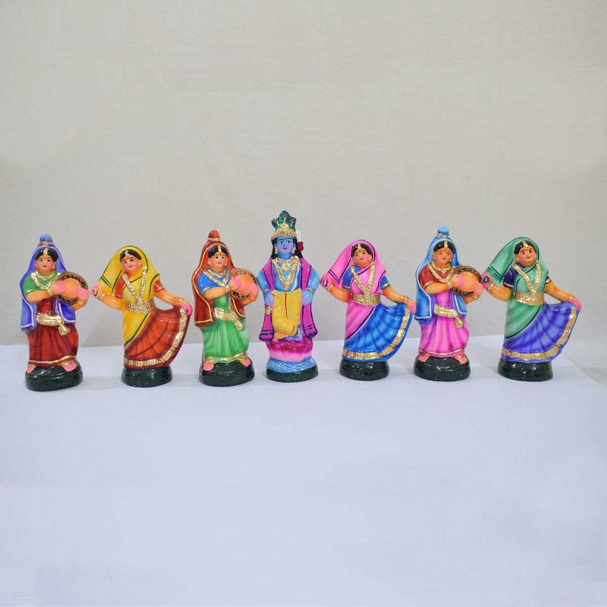 KRISHNA WITH GOPIKA DANCE SET OF 7 HANDMADE DUSSERA DOLL GOLLU DOLL ...