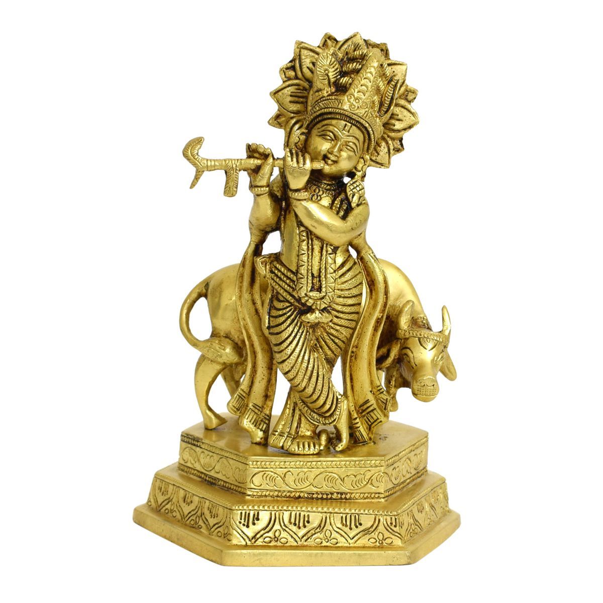 BRASS KRISHNA IDOL WITH COW