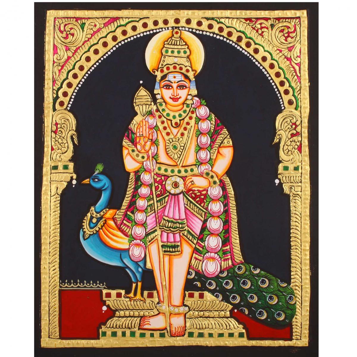 22ct Gold Handmade Lord Murugan Standing Tanjore Painting
