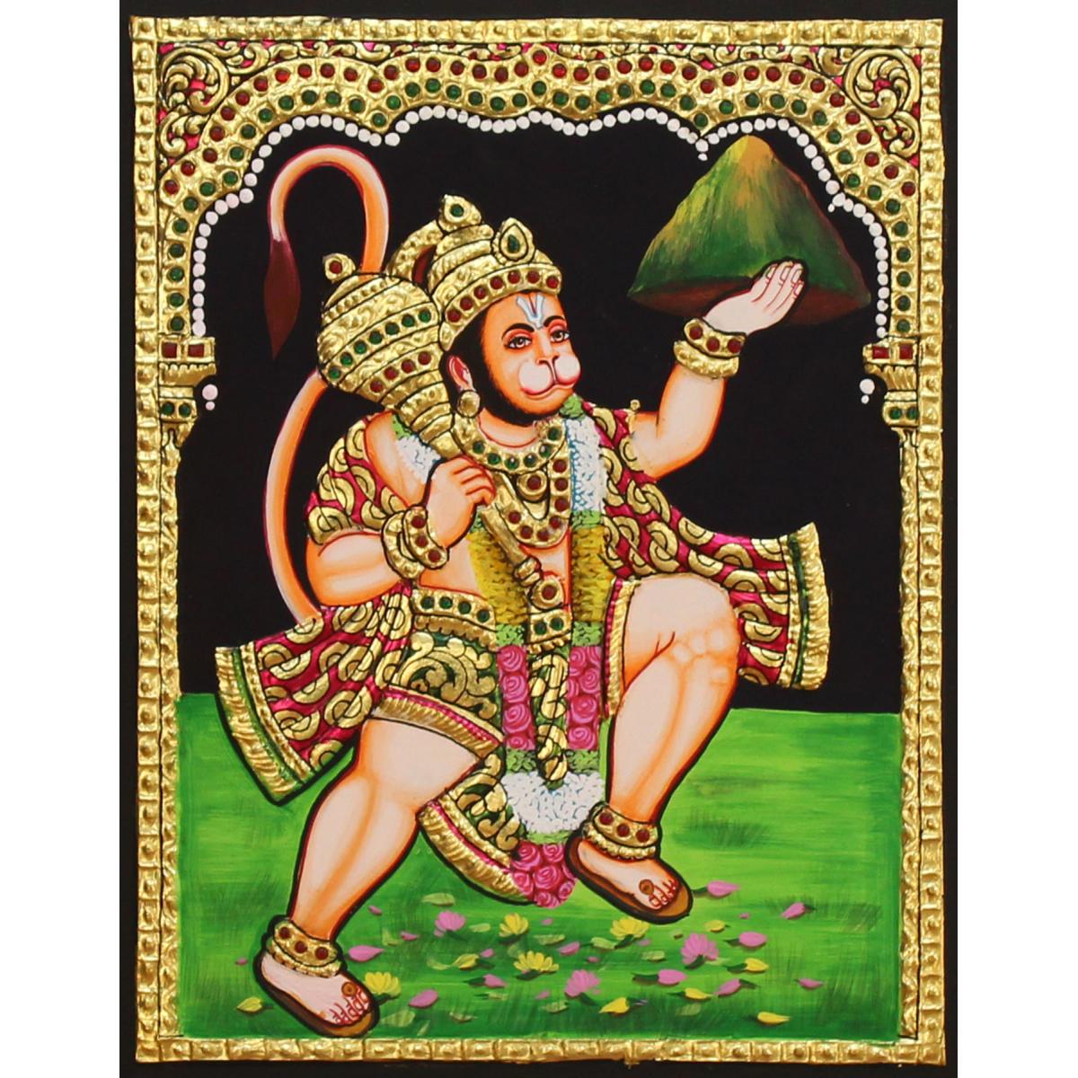 22ct Gold Lord Hanuman With Sanjeevani Tanjore Painting