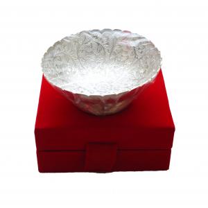 SILVER PLATED BOWL WITH SPOON ENGRAVED