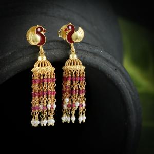GOLD PLATED JHUMKA EARRINGS WITH PINK HYDRO BEAD