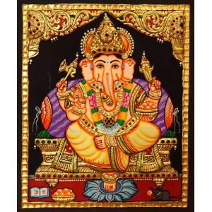 22ct Gold Lord Ganesha Sitting in Mantap Tanjore Painting
