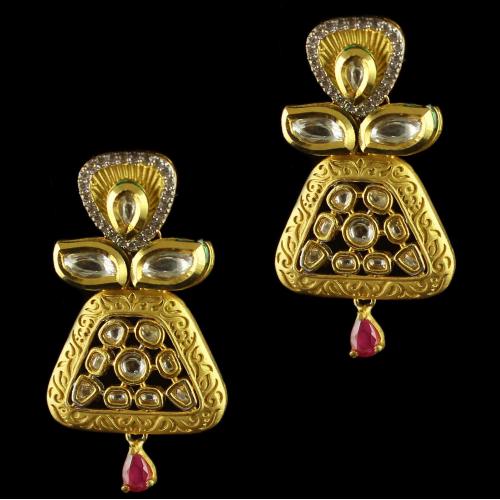 Silver Gold Plated Antique Design Earring Studded Zircon Stones And Red Onyx