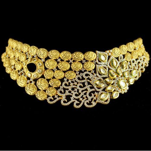 Silver Gold Plated Antique Leaf Design Necklace Kundan And Zircon Stones