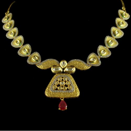 Silver Gold Plated Kundan Antique Necklace Zircon Stones With Red Onyx