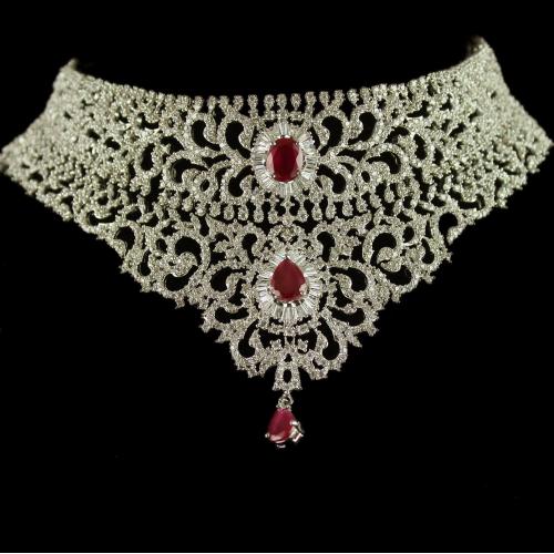 92.5 Sterling Silver Chocker Necklace Studded Zircon Stones And Ruby