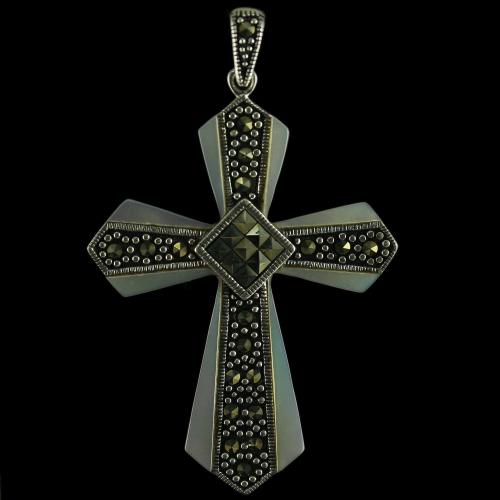 92.5 Sterling Silver Fancy Cross Design Pendant Studded Cristels