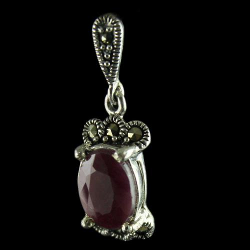 92.5 Sterling Silver Fancy Design Oxided Pendant Studded Cristel And Ruby Stones
