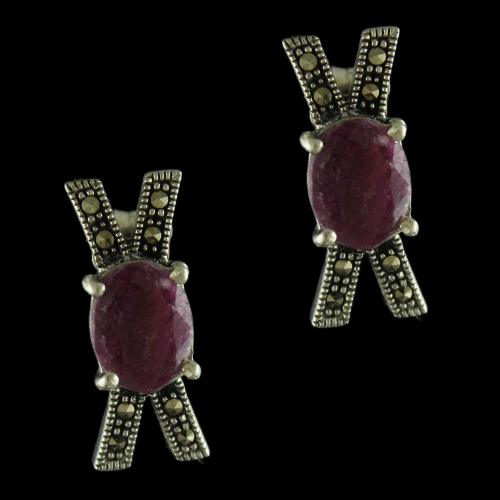 92.5 Sterling Silver Oxidized Casual Earrings Studded  Crystal And Ruby Stones