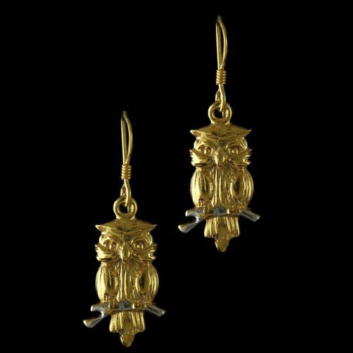 92.5 Sterling Silver Gold Plated Owl Design Hanging Earrings