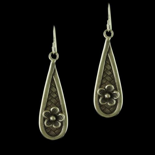 Silver Oxidized Floral Design Hanging Earrings