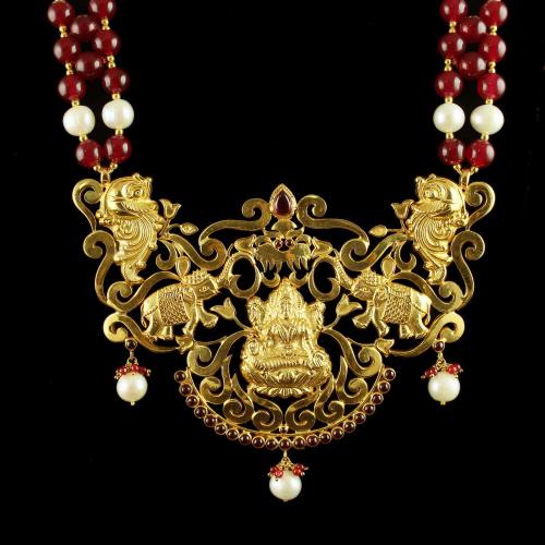 Silver Gold Plated Lakshmi Nagas Necklace With Pearl Red Beeds