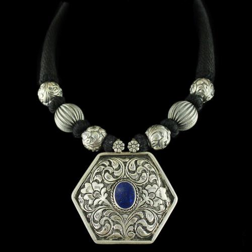 Silver Oxidized Floral Design Thread Necklace