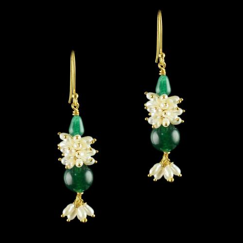 Silver Gold Plated Fancy Design Hooks Earrings Studded Pearls and Green Beads