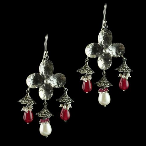Silver Oxidized Fancy Hanging Earrings Studded Pearl