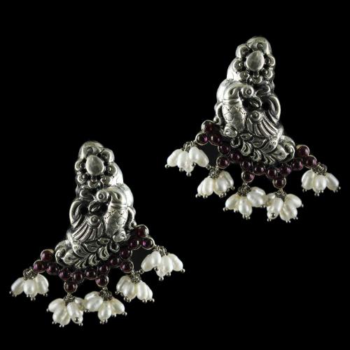 Silver Oxidized Peacock Design Earrings Studded Pearl