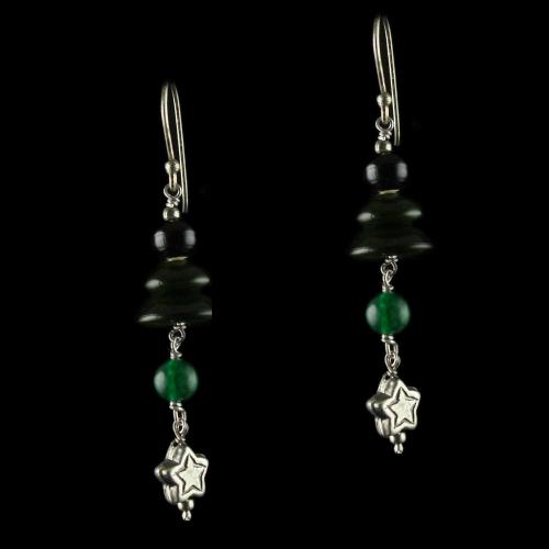 Silver Wooden Hanging Earrings Green Onyx Stones