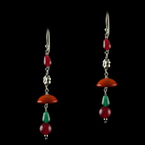 Silver Wooden Hanging Earrings Green Red Onyx Stones