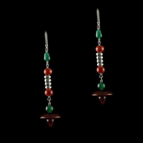 Silver Wooden Hanging Earrings Green Onyx Stones