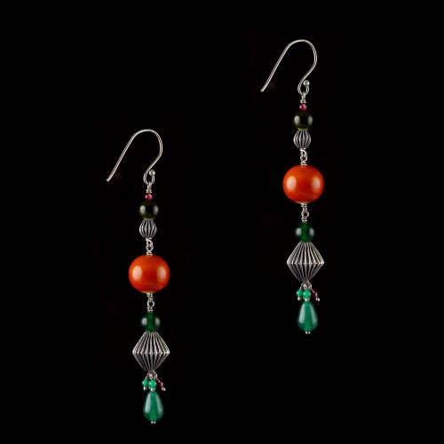 Silver Wooden Hanging Earrings Studded Red Onyx And Green Beads