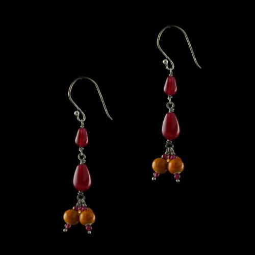 Silver Wooden Hanging Earrings Studded Red Onyx And  Beads