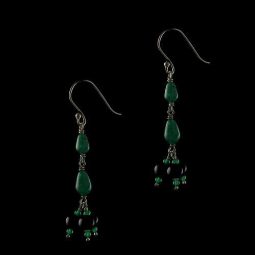 Silver Wooden Hanging Earrings Studded Green Onyx And  Beads