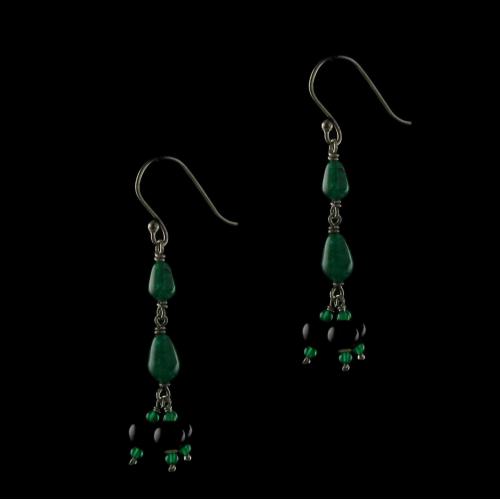 Silver Wooden Hanging Earrings Studded Green Onyx And  Beads