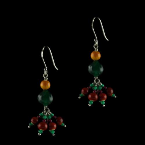 Silver Wooden Hanging Earrings Studded Green,Red Onyx And  Beads
