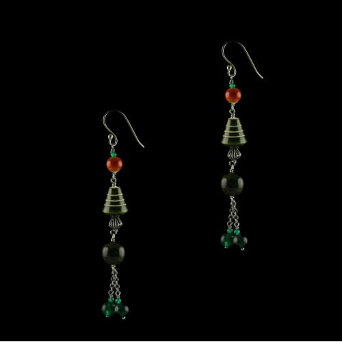 Silver Wooden Hanging Earrings Studded Green,Red Onyx And  Beads