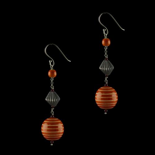 Silver Wooden Hanging Earrings Studded Ruby  And  Beads