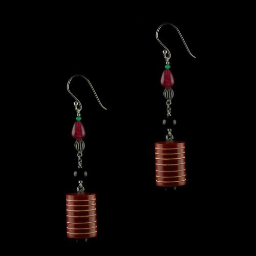 Silver Wooden Hanging Earrings Studded Red Onyx And Green Beads