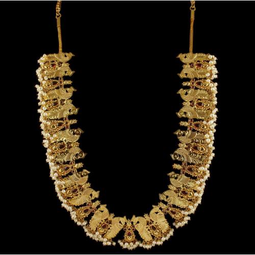 Gold Plated Peacock Design Necklace Studded Pearls