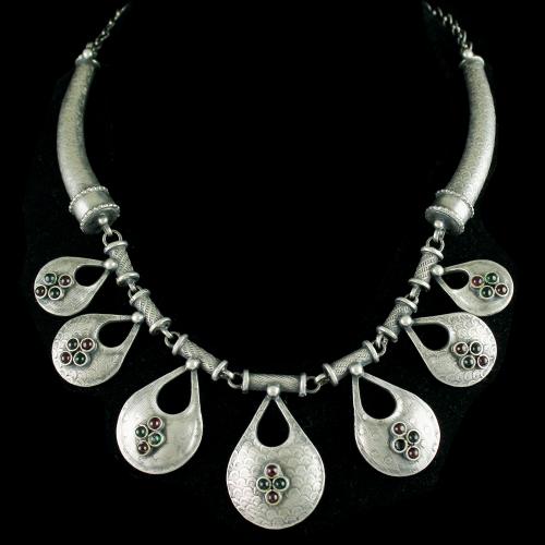Silver Oxidized Fancy Design Necklace Studded Red Onyx