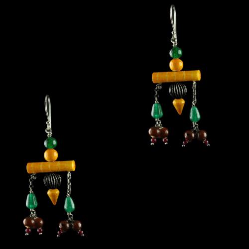 Silver Wooden Hanging Earrings Studded Onyx