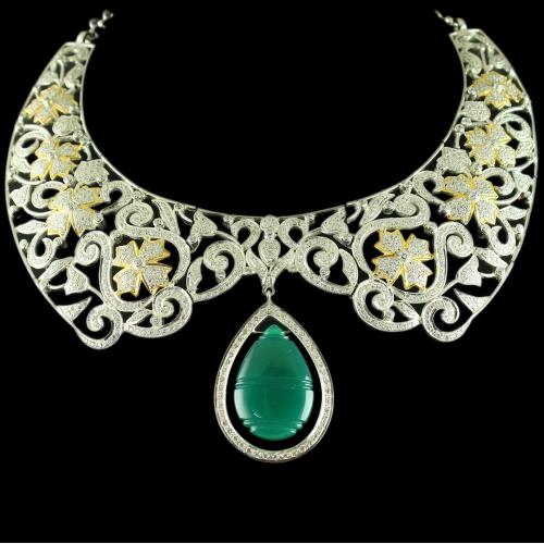 Silver Oxidized necklace Studded Green Onyx Stones