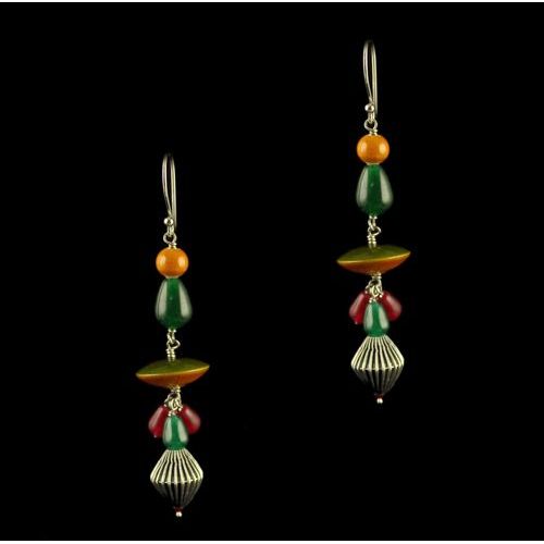 Silver Wooden Hanging Earrings Studded Red Onyx And Green Beads