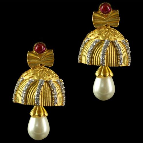 Silver Gold Plated Fancy Design Jhumka Studded Red Onyx ,Zircon And Pearls