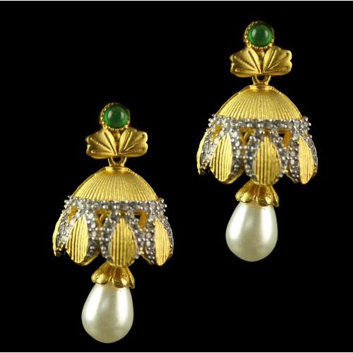 Silver Gold Plated Floral Design Green onyx And Zircon Stones