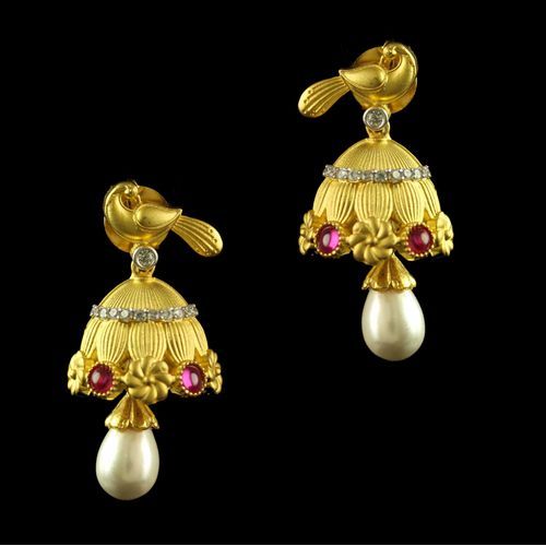 Silver Gold Plated Fancy Design Jhumka Studded Red Onyx ,Zircon And Pearls