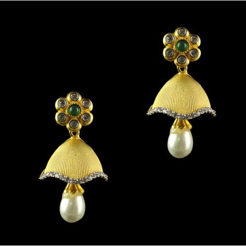 Silver Gold Plated Fancy Design Jhumka Studded Green Onyx ,Zircon And Pearls