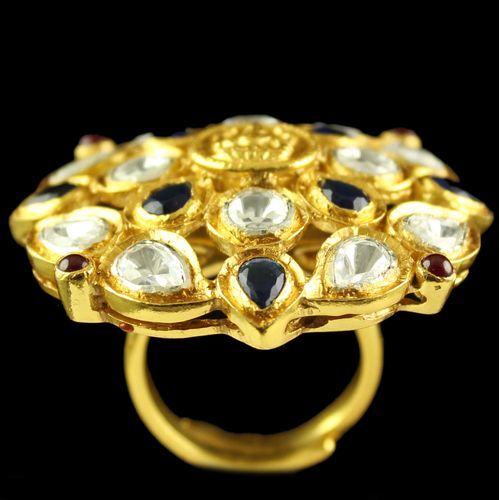 Silver Gold Plated Round Design Ring Studded Polki Stones