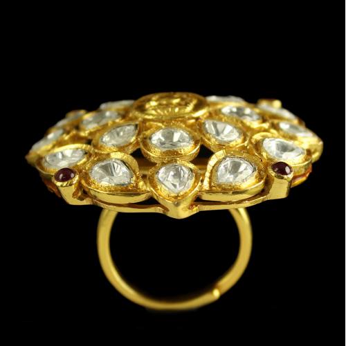 Silver Gold Plated Round Design Ring Studded Polki Stones