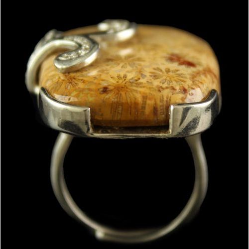 Silver Plated Fancy Design Semiprecious Fossil Coral White Cz  Ring