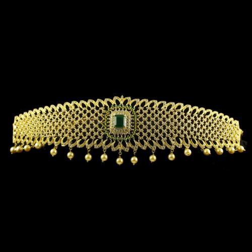 Silver Gold Plate Fancy Design Oddiyanam Studded Zircon Stones And Green Onyx