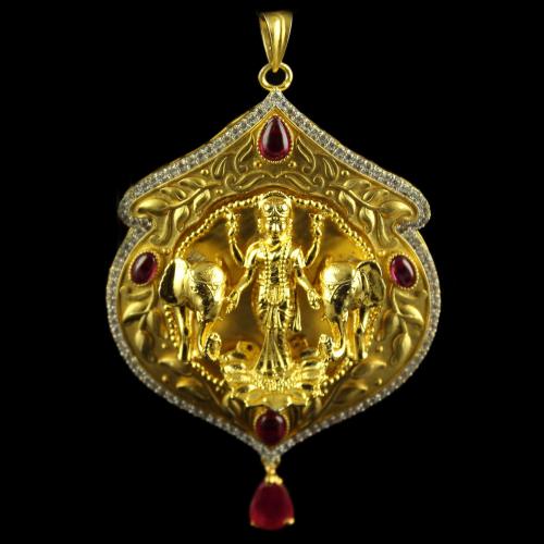 Silver Gold Plated God Design Pendant studded ruby and Zircon Stones